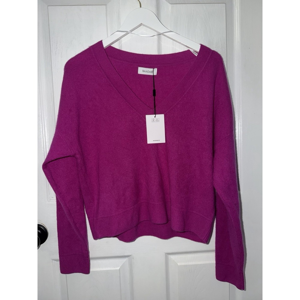 NEW NAADAM Collection Cropped V Neck Cashmere Sweater Fuchsia Pink M Long Sleeve